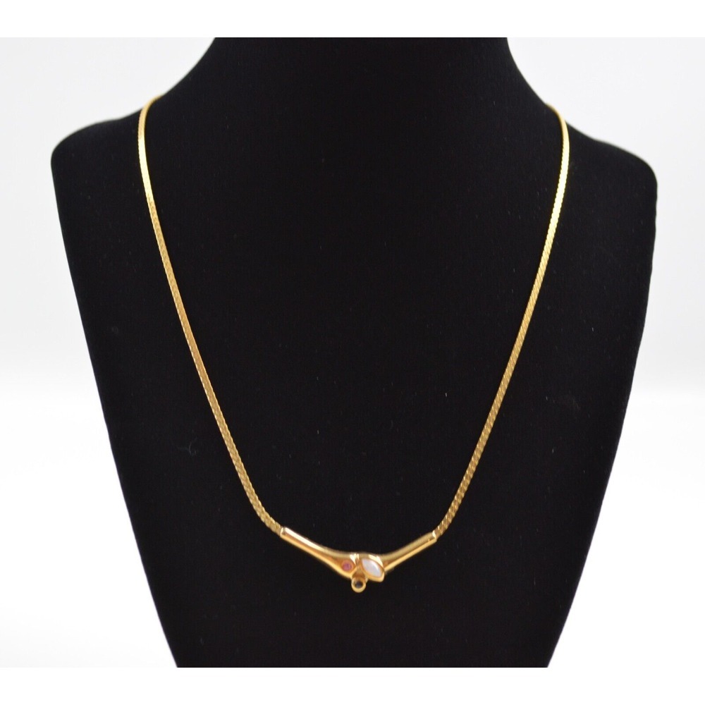 Vintage Gold Tone Necklace w/ " V " Pendant Opalite Stone Black & Pink Stone 19"